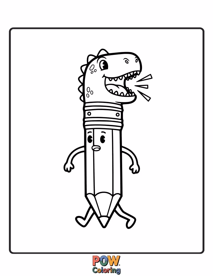 Free coloring page of A playful dinosaur using a giant pencil to draw its own prehistoric world with a mighty roar.