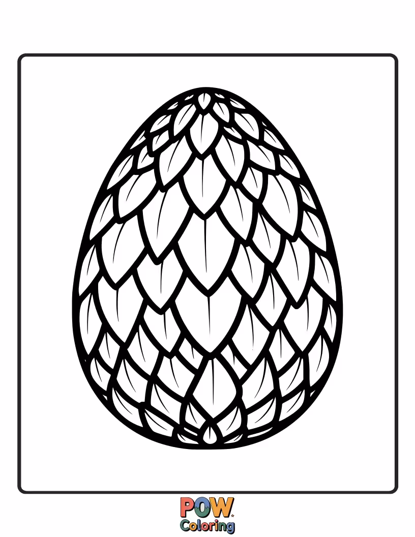 Free coloring page of An egg adorned with detailed, overlapping dragon scales, inviting a fiery or majestic color palette.