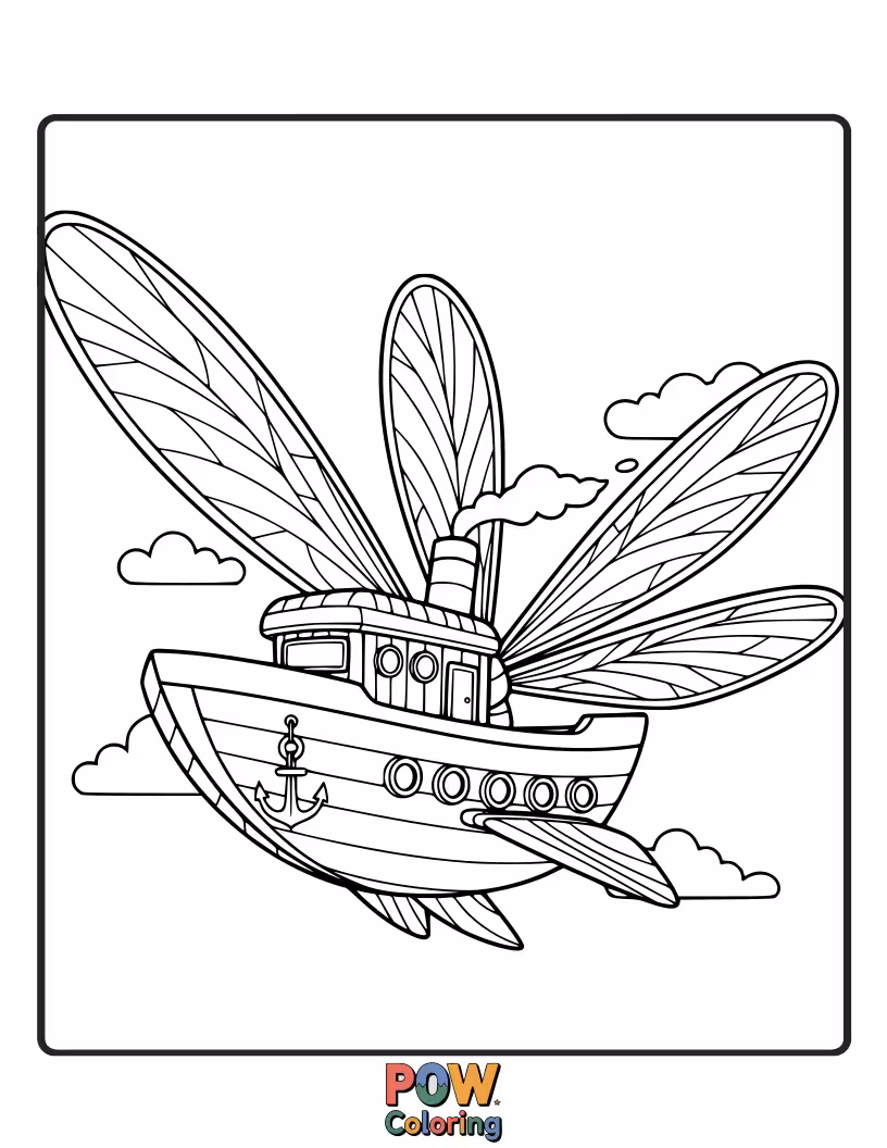 Free coloring page of A delicate and airy ship with translucent wings like a dragonfly, flitting gracefully over a sparkling water surface.