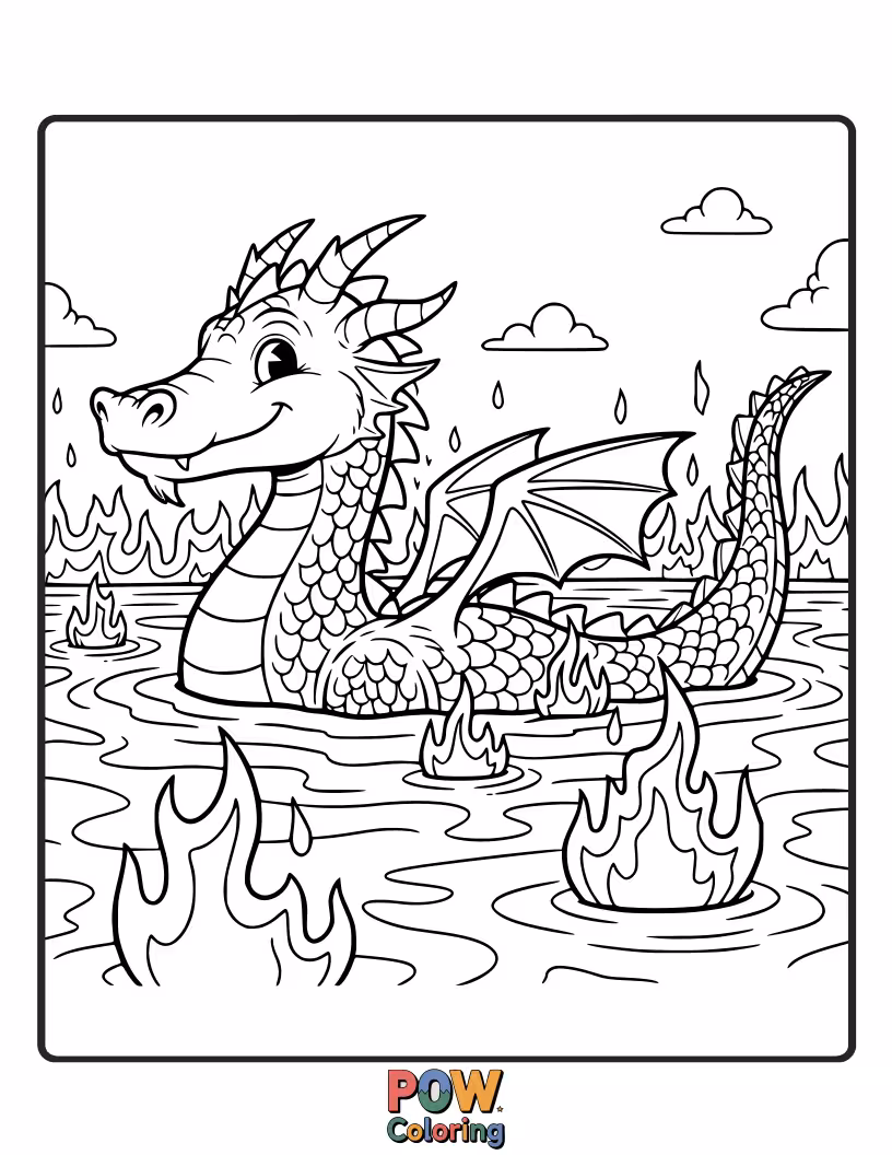 Free coloring page of A friendly dragon with shimmering scales enjoys a relaxing swim in a volcanic hot spring, steam rising gently.