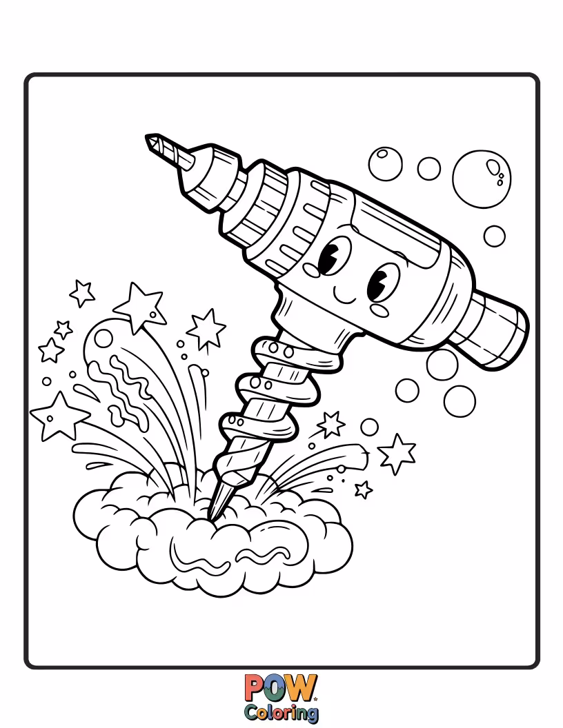 Free coloring page of A drill bit drawing a funny, swirling pattern on a blank wall.