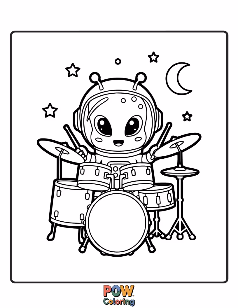 Free coloring page of A cute, green alien in a spacesuit plays a futuristic drum kit on a distant planet.
