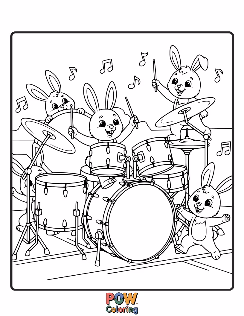 Free coloring page of A fluffy bunny with floppy ears bops to a rhythm while tapping a small drum.
