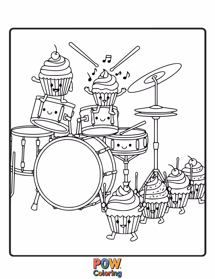 Free coloring page of A cute drum set decorated with colorful cupcakes and frosting, ready for a sweet performance.