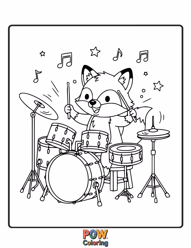 Free coloring page of A clever fox with a mischievous grin taps out a beat on a single, large drum.
