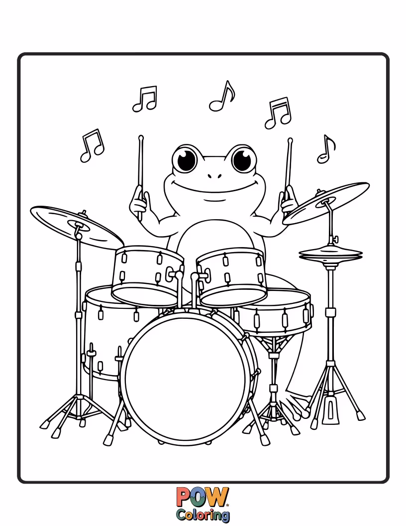 Free coloring page of A cheerful frog sitting on a lily pad, happily drumming on a mushroom.