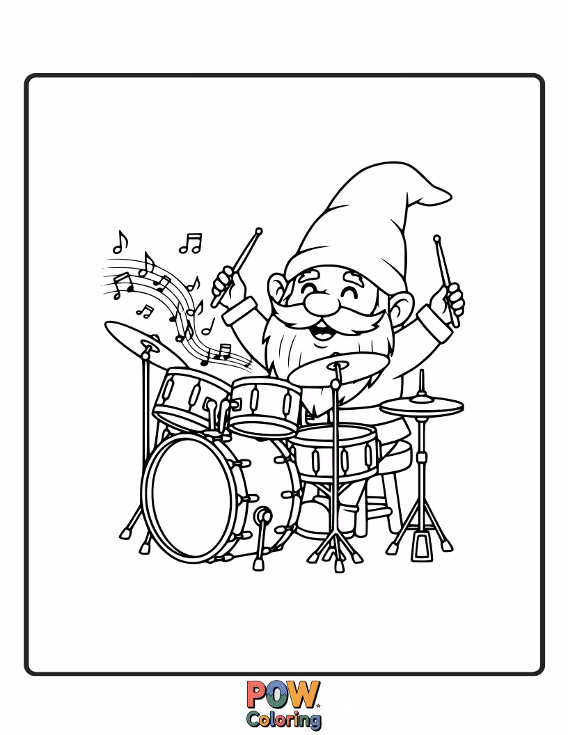 Free coloring page of A cheerful gnome with a pointy hat and beard tapping out a lively rhythm on a small drum.