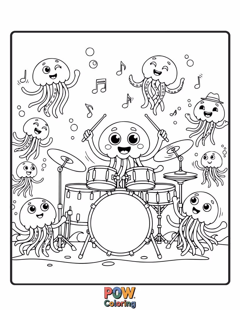 Free coloring page of A glowing jellyfish pulsing with light as it "plays" a drum underwater with its tentacles.