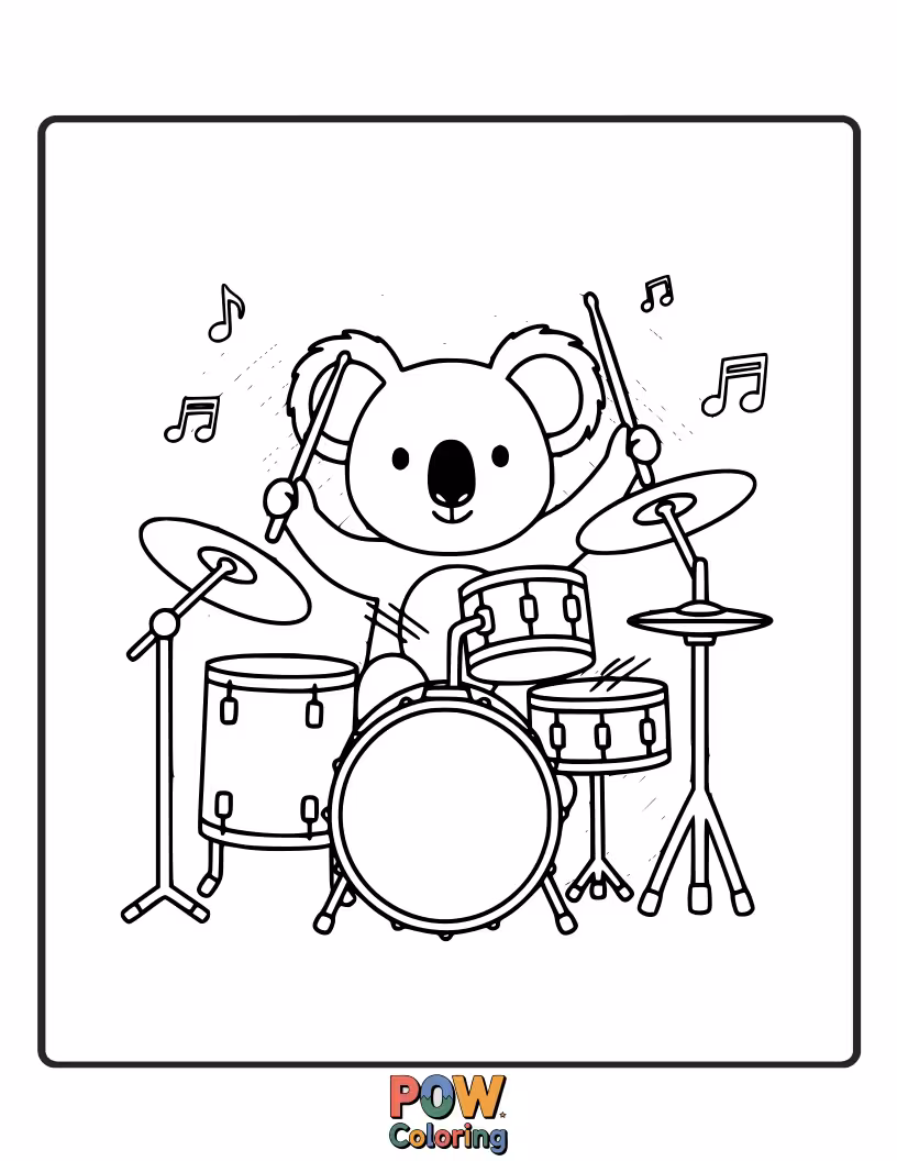 Free coloring page of A sleepy koala napping on a drum, its gentle snores creating a soft rhythm.