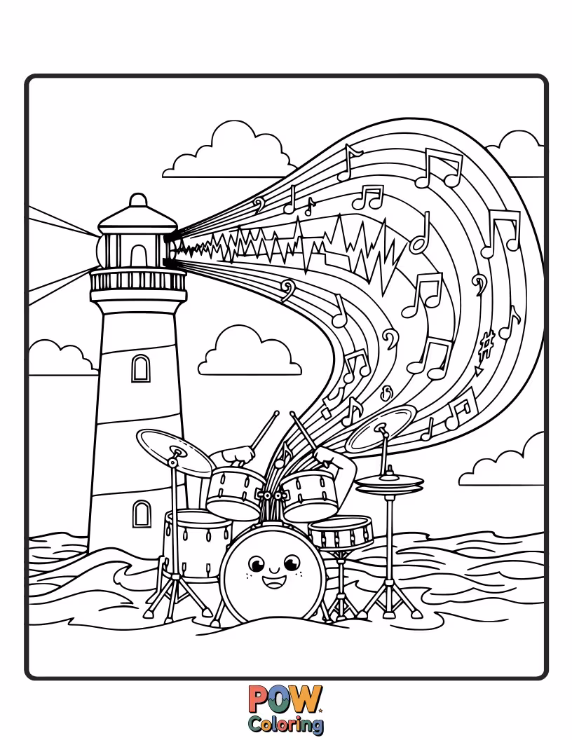 Free coloring page of A friendly lighthouse playing a drum to guide ships with its rhythmic beats.