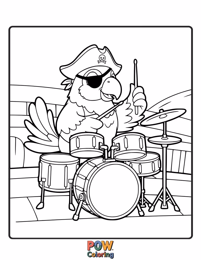 Free coloring page of A colorful pirate parrot with an eye patch squawks a rhythm on a treasure chest drum.