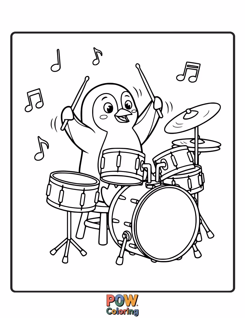 Free coloring page of A dapper penguin in a bowtie taps a drum with a happy, wobbly stance.