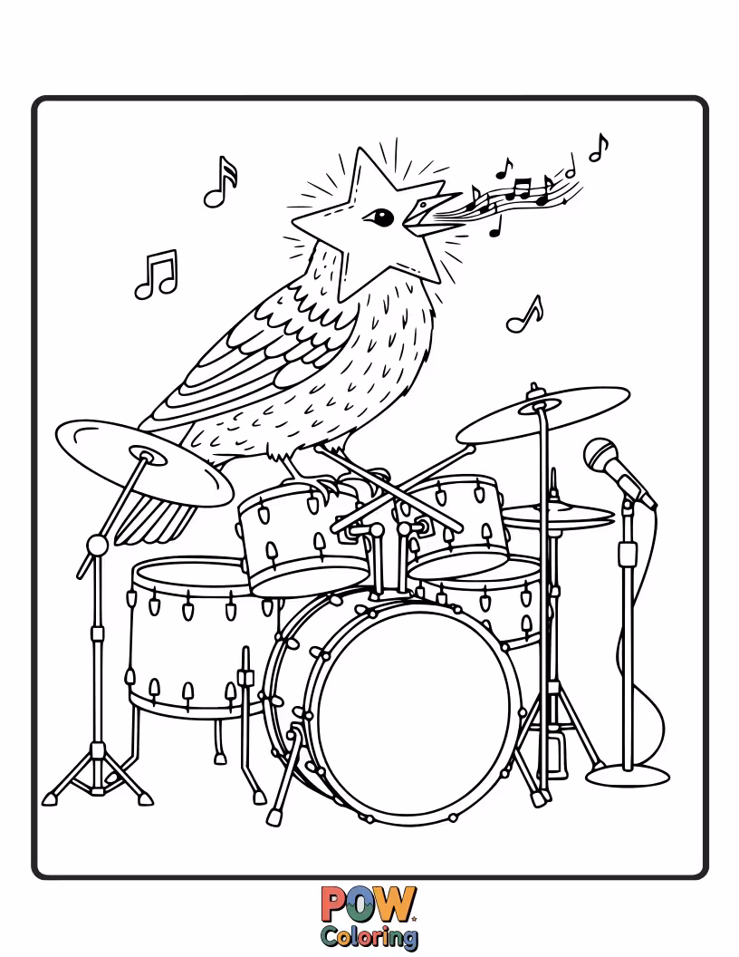 Free coloring page of A cheerful starling perched on a cymbal, about to sing its heart out to the beat.