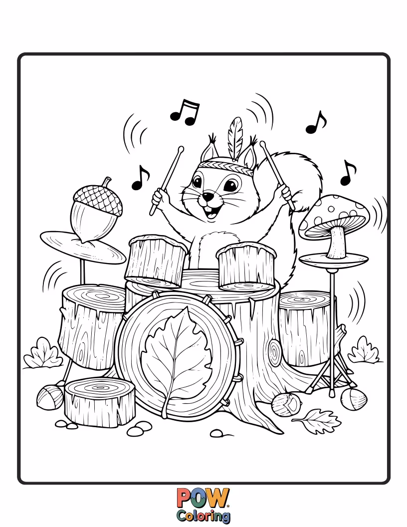 Free coloring page of A busy squirrel hoarding nuts, uses them as drumsticks to tap on a hollow log.