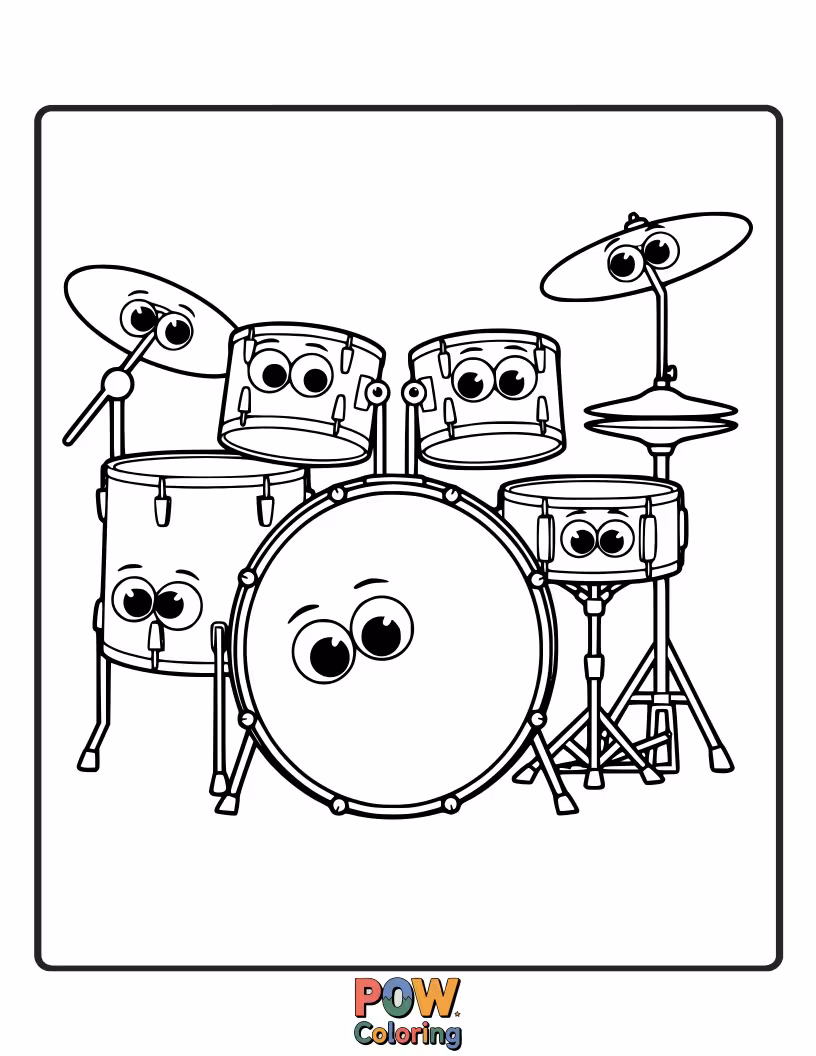 Free coloring page of A drum set with big, googly eyes that seem to wiggle with every enthusiastic beat.