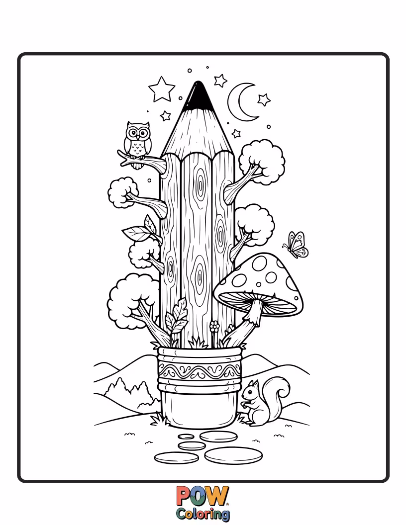 Free coloring page of A mystical pencil nestled amongst glowing fireflies and ancient trees, inviting you to color a magical woodland.