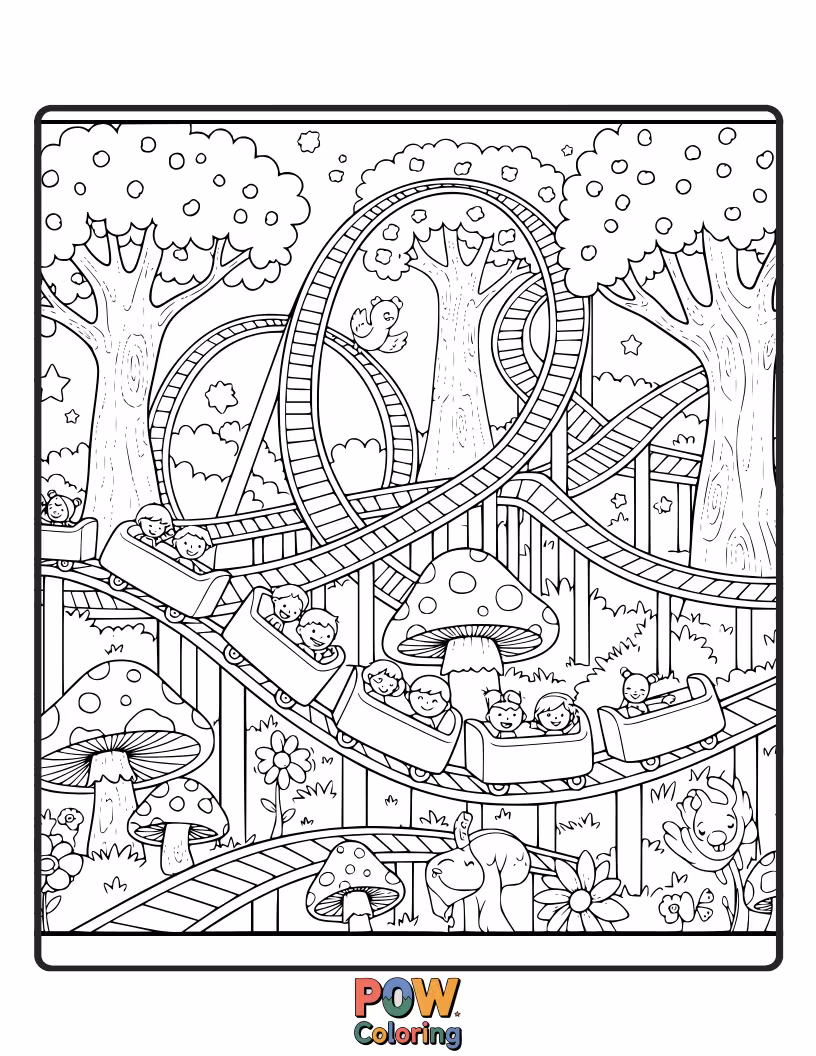 Free coloring page of This creative roller coaster meanders through an enchanted forest filled with glowing mushrooms and friendly sprites.