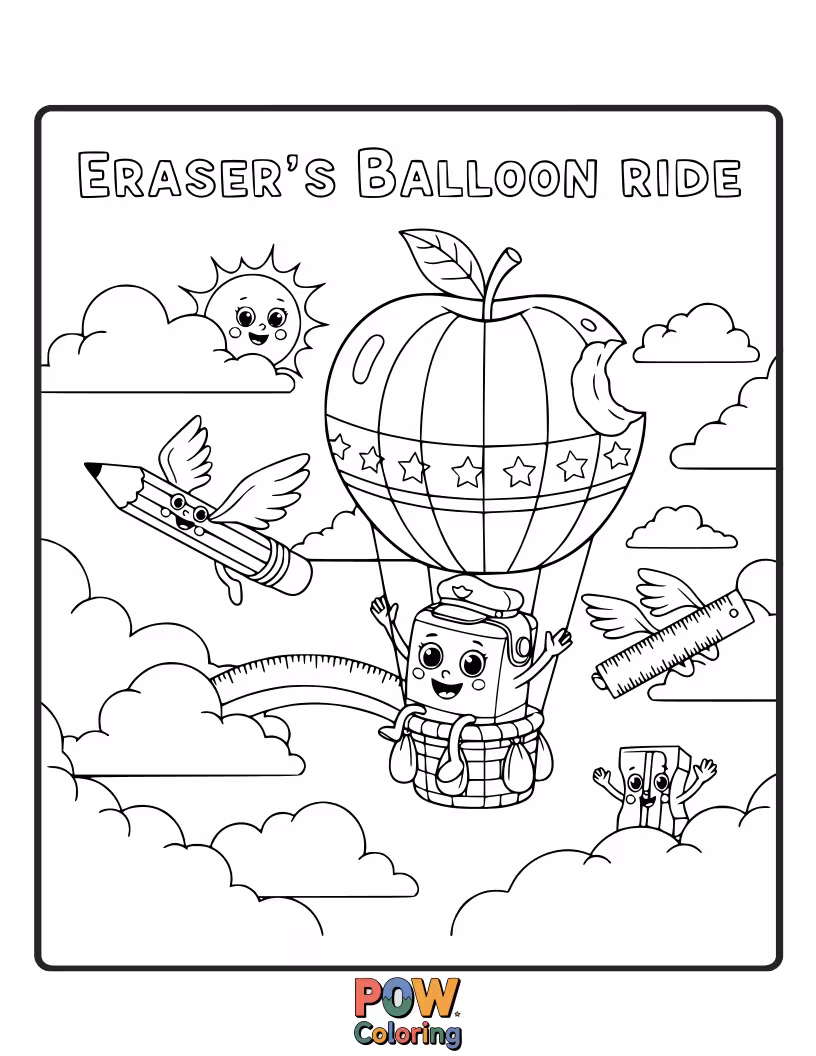 Free coloring page of A tiny eraser holding onto a bunch of colorful balloons, floating upwards.