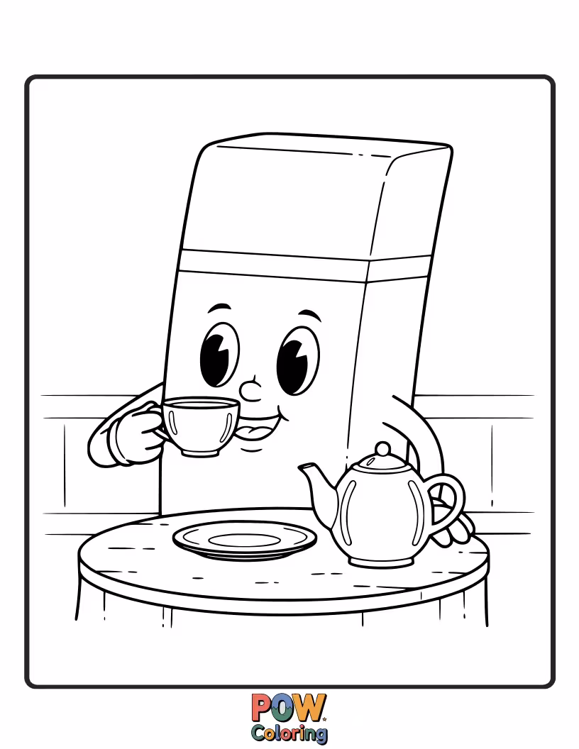 Free coloring page of A relaxed eraser enjoying a warm cup of tea, steam swirling gently.