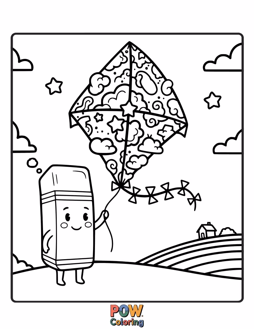 Free coloring page of A graceful eraser flying a beautiful, patterned kite high in the sky.