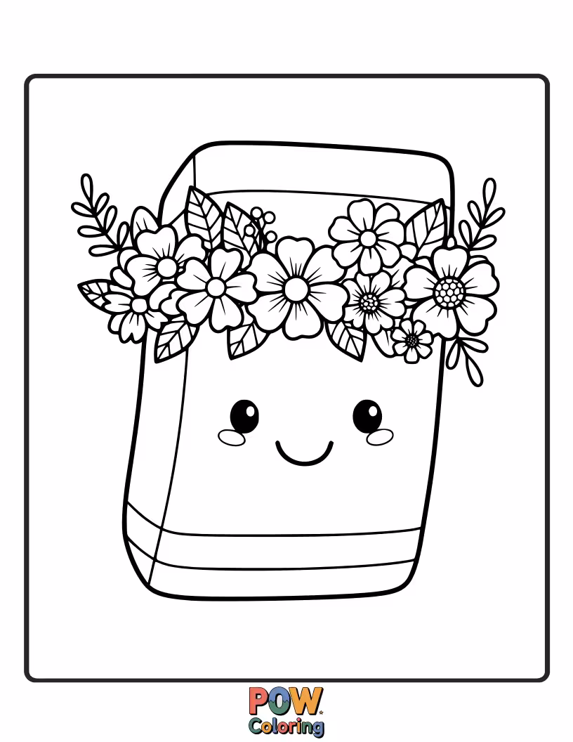 Free coloring page of A beautiful eraser adorned with a delicate crown of wildflowers.