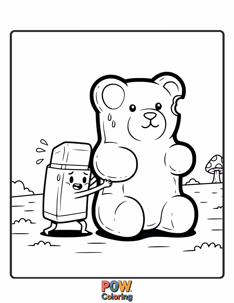 Free coloring page of A tiny eraser befriending a comically large, colorful gummy bear.
