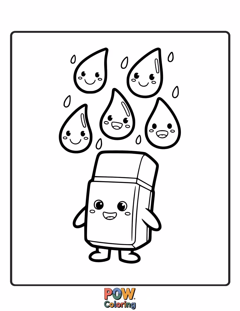 Free coloring page of A simple, cute eraser smiling alongside a friendly raindrop.