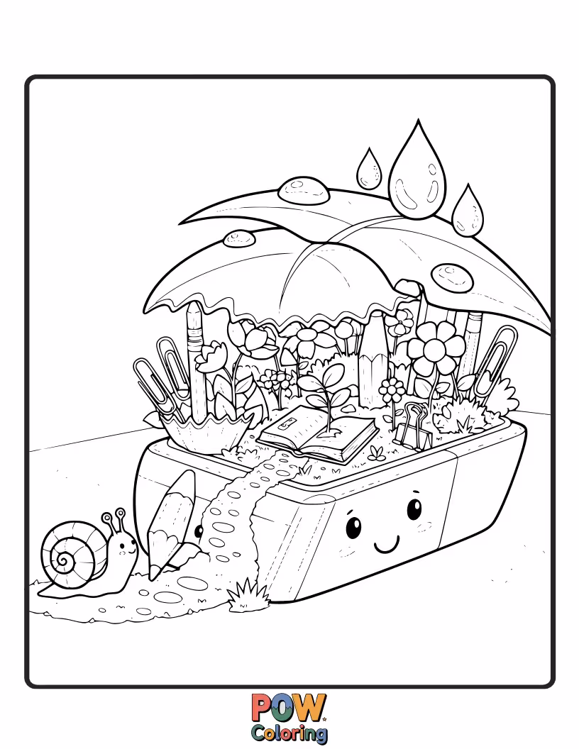 Free coloring page of A curious eraser peeking through a patch of delicate flowers.