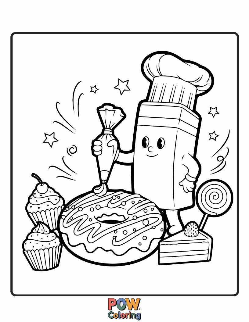 Free coloring page of A delightful eraser shaped like a cupcake, topped with frosting and sprinkles.