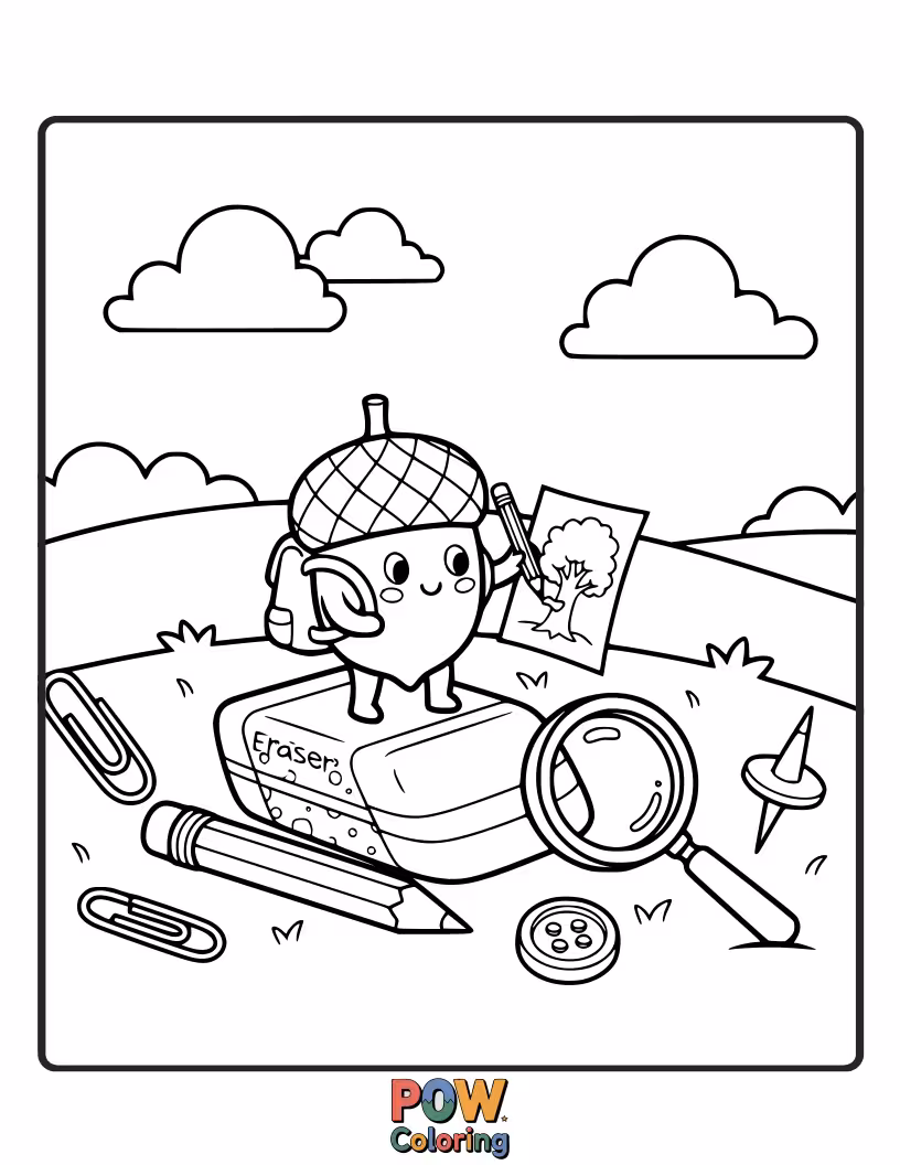 Free coloring page of A small, determined eraser carefully carrying a large acorn.