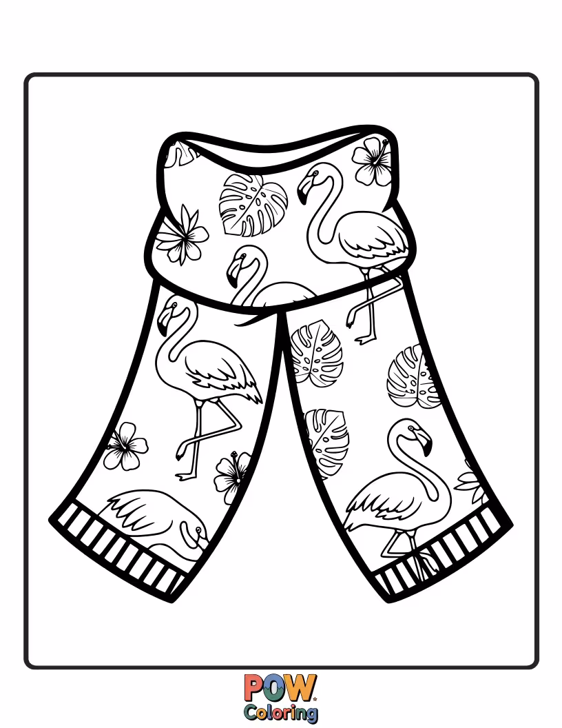 Free coloring page of A stylish flamingo elegantly draped in a vibrant, patterned scarf. Unleash your boldest and brightest color combinations.