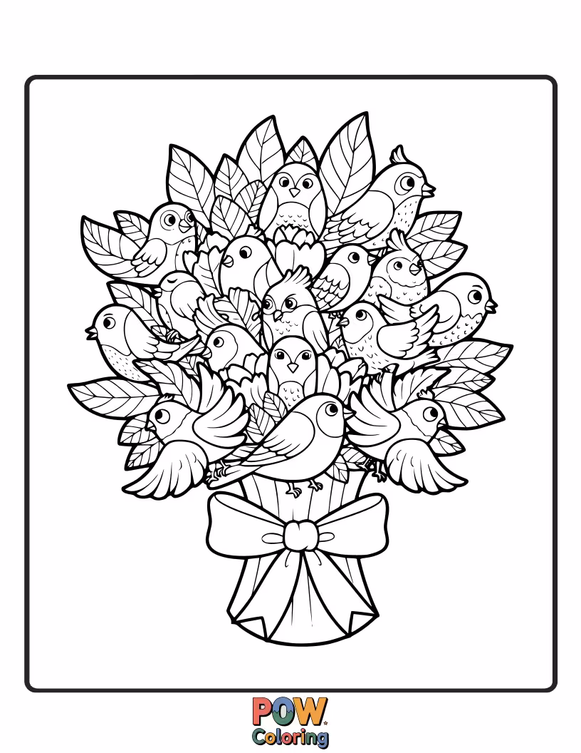 Free coloring page of Graceful birds perch amongst a stunning arrangement of delicate, airy flowers.
