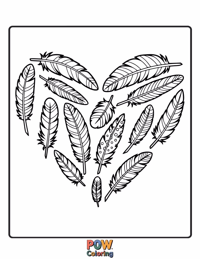 Free coloring page of A cluster of soft feathers artfully arranged to form a beautiful, simple heart shape, perfect for expressing love.