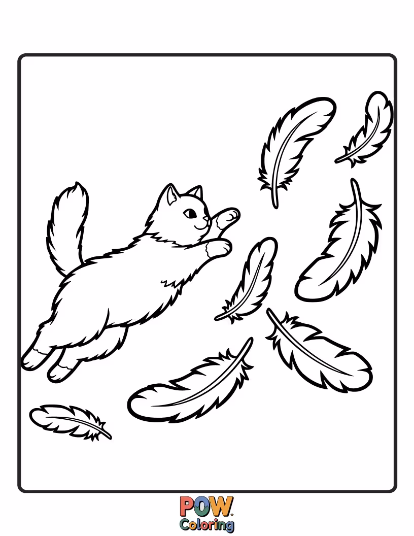 Free coloring page of A feather depicted mid-pounce, with dynamic lines suggesting playful energy and a touch of mischief.