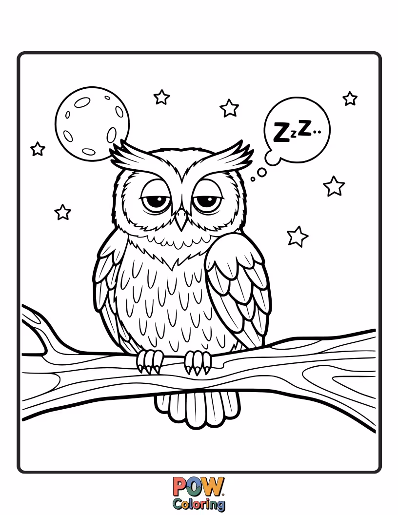 Free coloring page of A single, soft feather resting near a tiny, sleeping owl, creating a peaceful, cozy woodland scene.