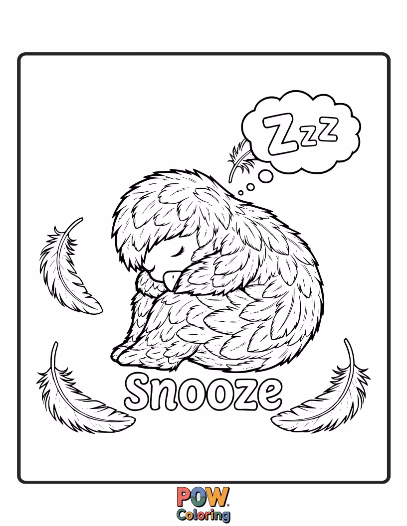 Free coloring page of A single feather curled up comfortably, looking like it's taking a peaceful, sleepy snooze under a starry sky.