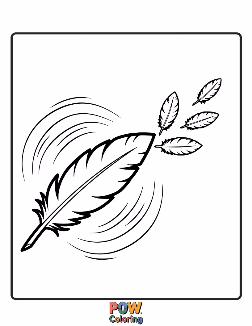 Free coloring page of A single feather with a subtle, faint outline of itself mirroring it, creating a gentle, artistic echo effect.