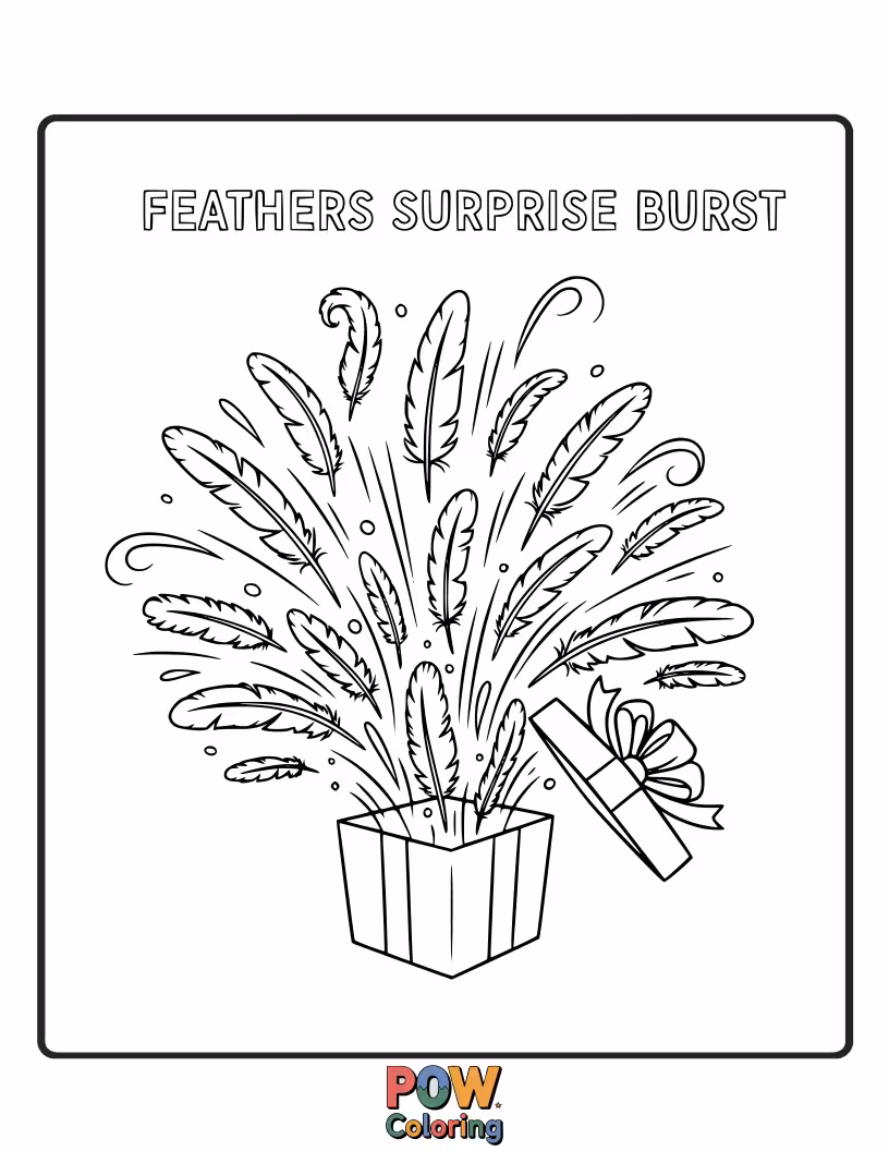 Free coloring page of A feather that looks like it's just burst open with joy, scattering smaller, happy feather fragments around it.