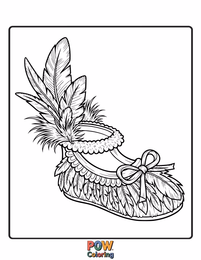 Free coloring page of A feather ingeniously shaped like a tiny, cute shoe, ready to be colored with whimsical fashion.