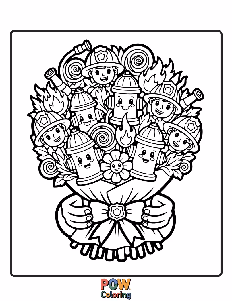 Free coloring page of Brave blooms and heroic symbols make up this strong, inspirational fire-themed bouquet.