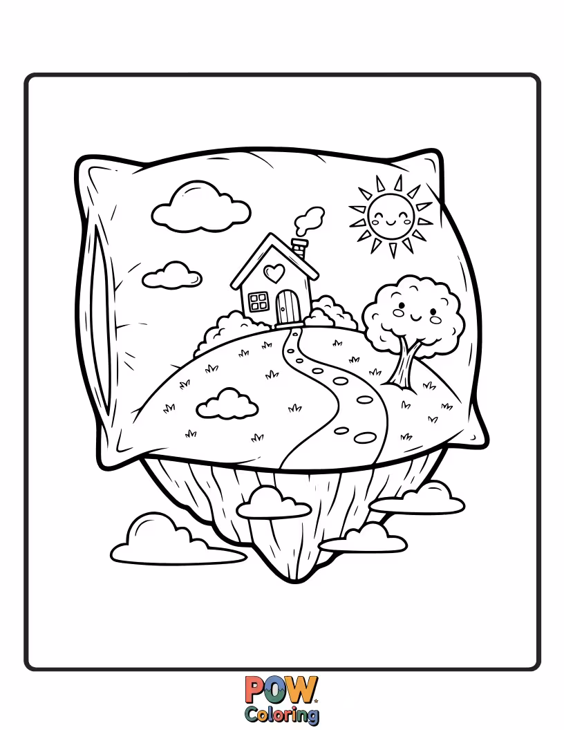Free coloring page of A pillow resembling a small island with a single, cheerful tree. Color this serene, self-contained world.