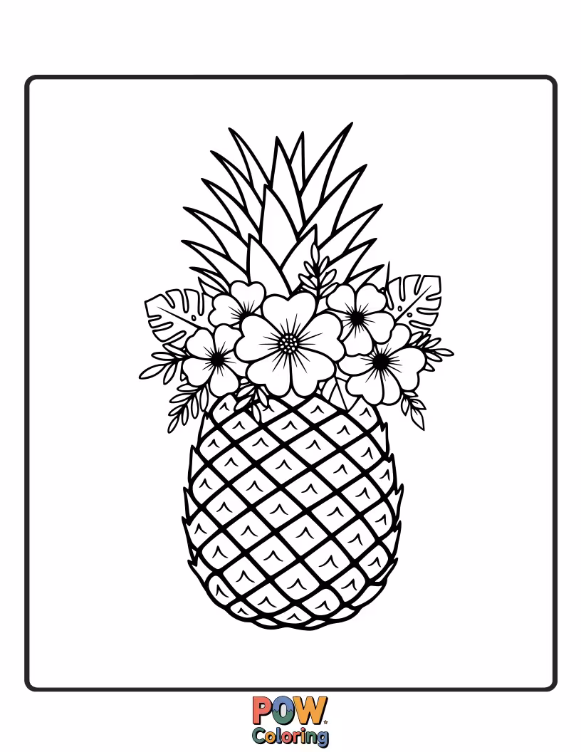 Free coloring page of An elegant pineapple crowned with an exquisite arrangement of tropical flowers and leaves.