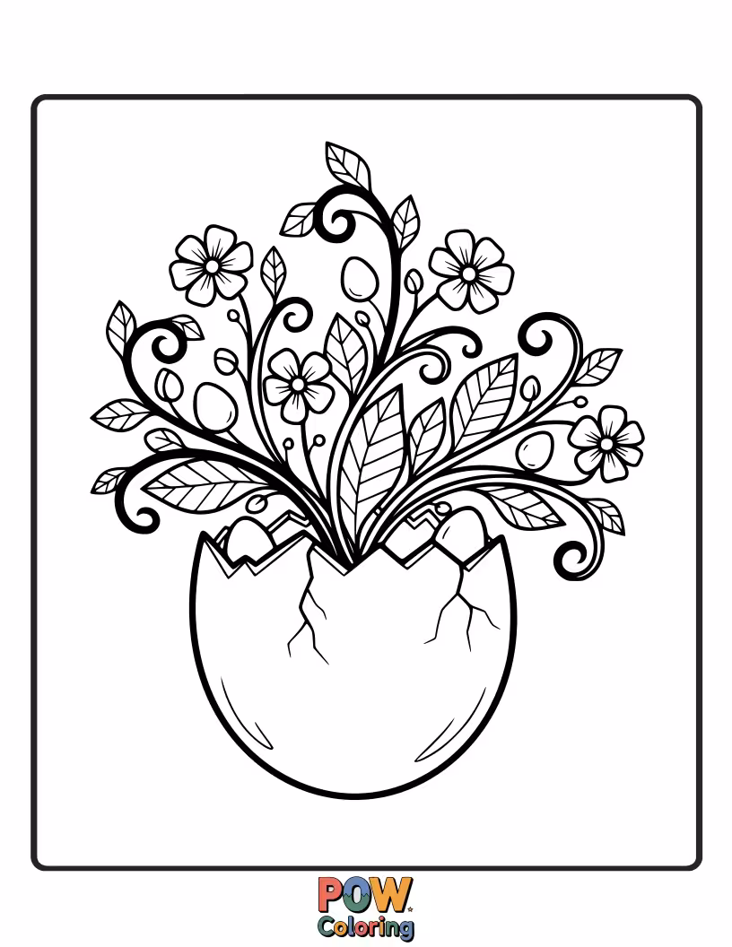 Free coloring page of An elegant egg adorned with delicate floral patterns, showcasing blooming flowers and leafy vines wrapping around its surface.