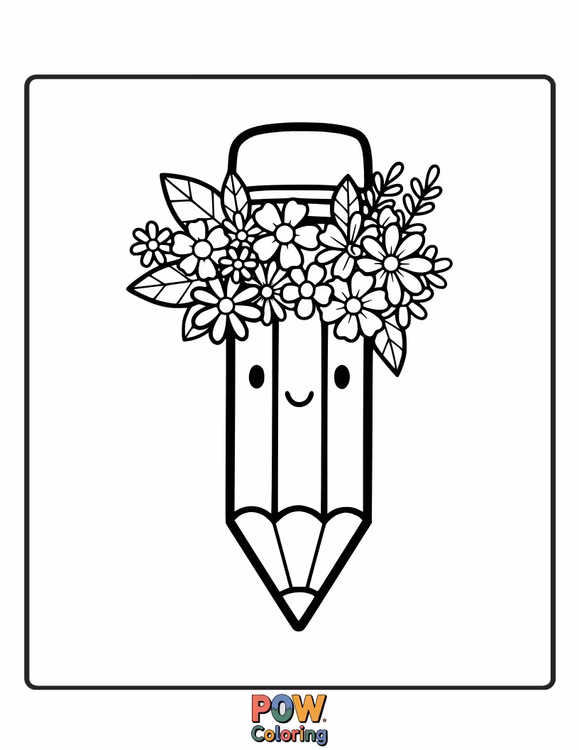 Free coloring page of A delicate pencil adorned with a crown of beautiful flowers, perfect for creating floral masterpieces and nature art.