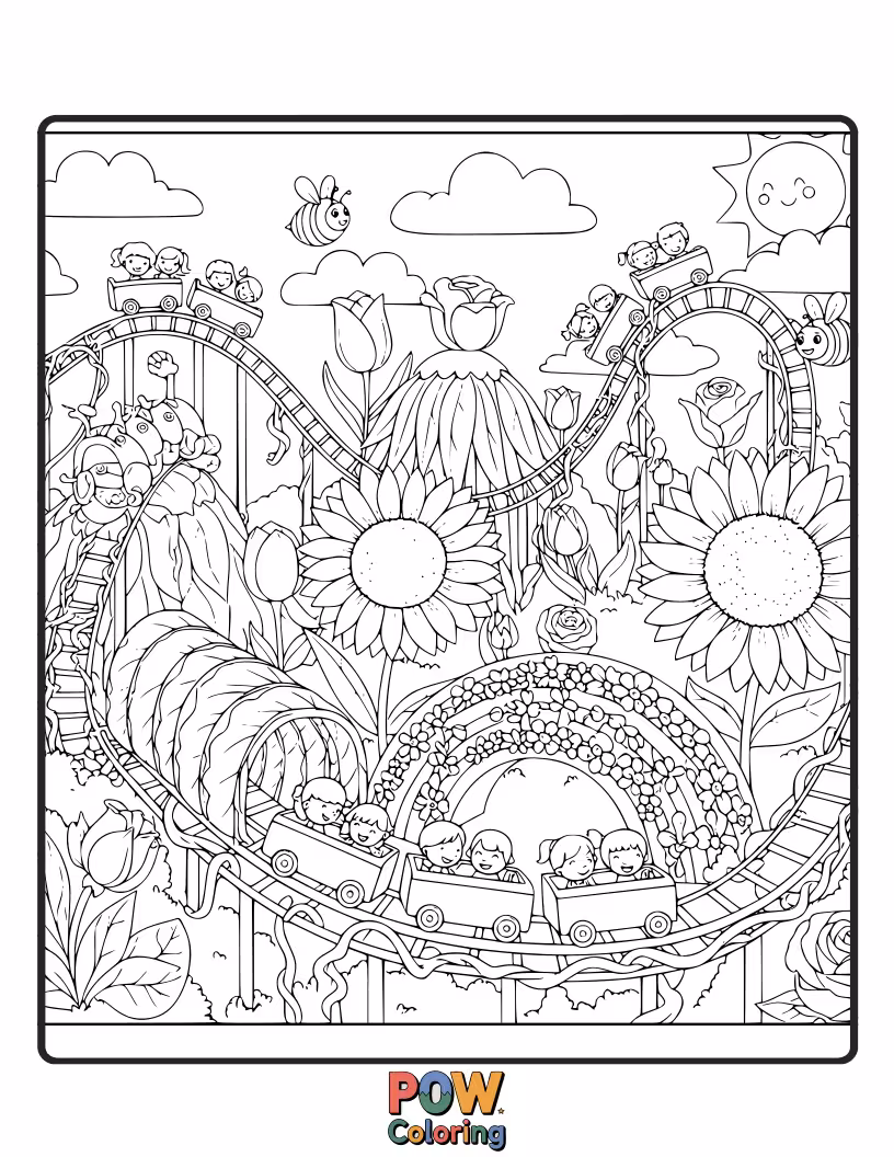 Free coloring page of A beautiful roller coaster winds through a blooming flower garden, surrounded by buzzing bees and butterflies.
