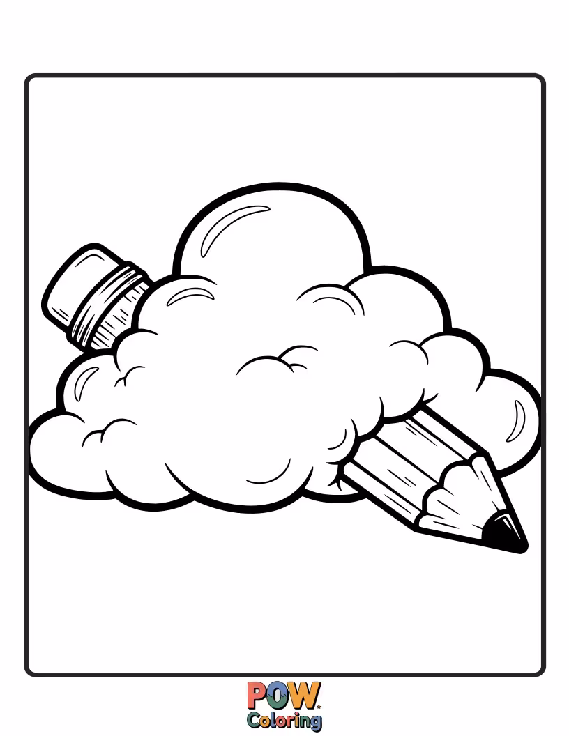 Free coloring page of A charming pencil with a soft, fluffy cloud for an eraser, drifting through a starry sky. Perfect for dreamy artists.