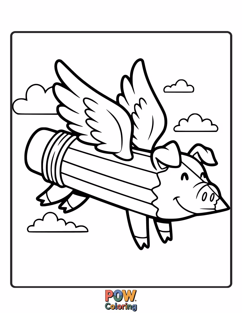Free coloring page of A hilarious pencil shaped like a pig with wings, proving that anything is possible with a little imagination.