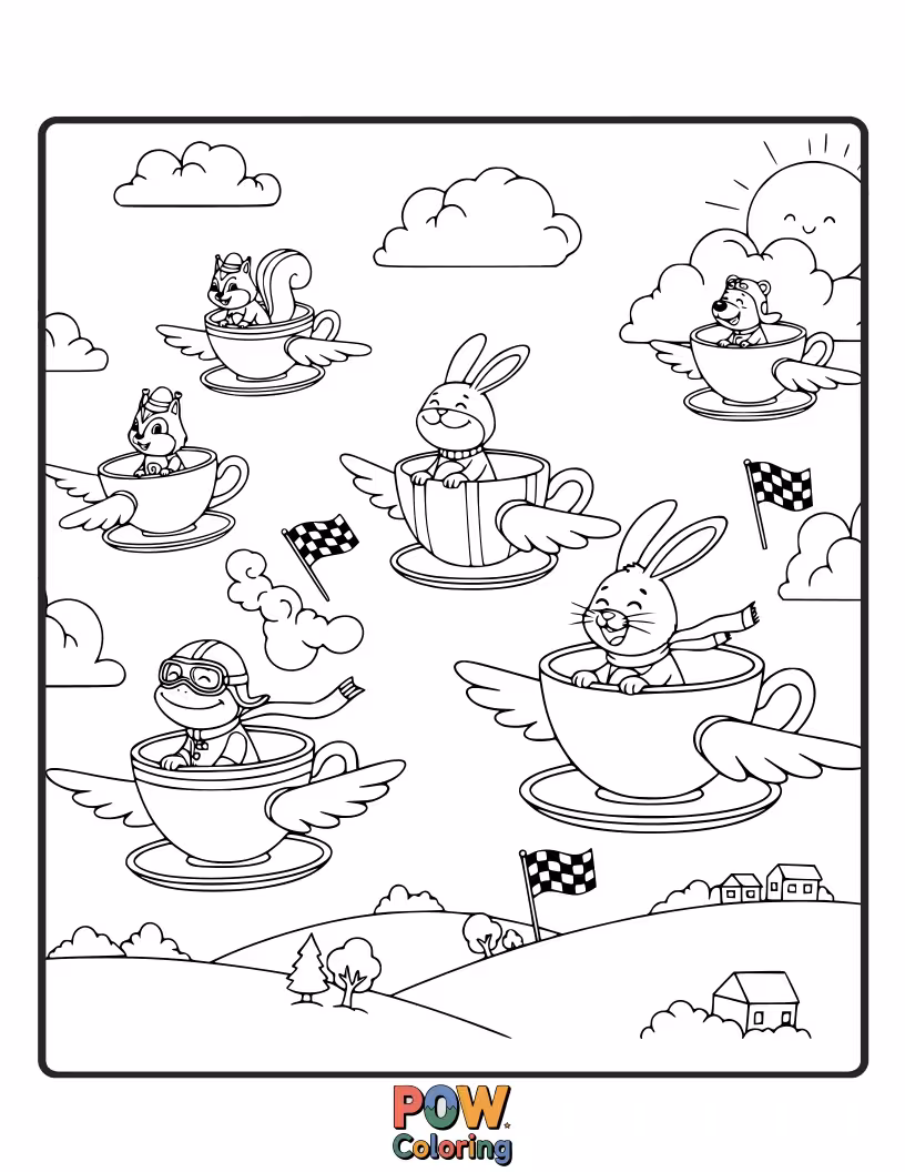 Free coloring page of Charming teacups with little wings are elegantly soaring through the air in a delightful, whimsical race.