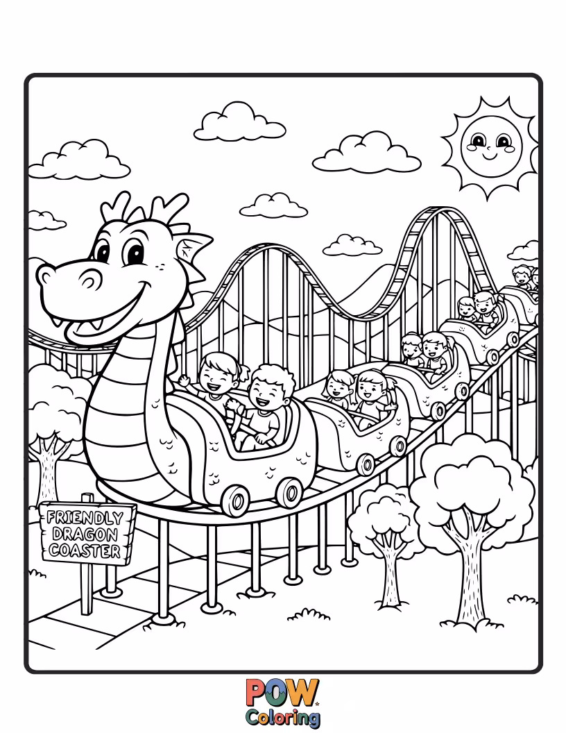 Free coloring page of A gentle dragon forms this unique roller coaster, soaring over fluffy clouds with a happy expression.