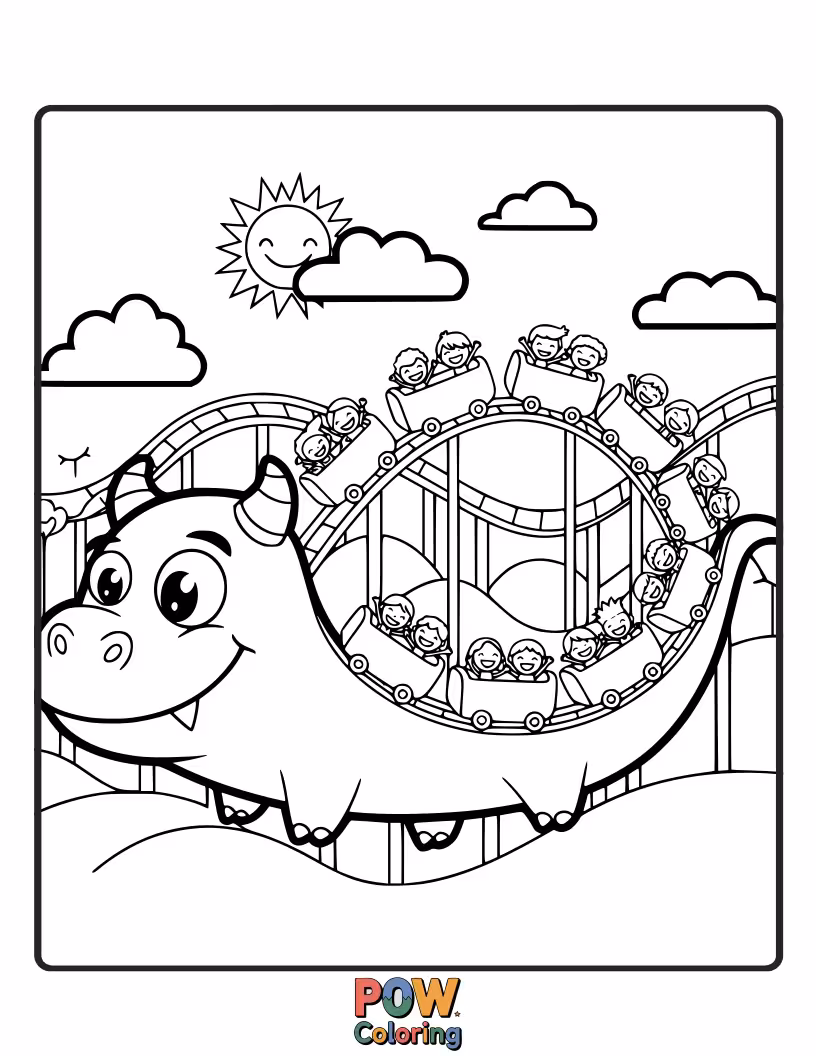 Free coloring page of This cute and cuddly monster-shaped roller coaster offers a not-so-scary ride through a playful land.